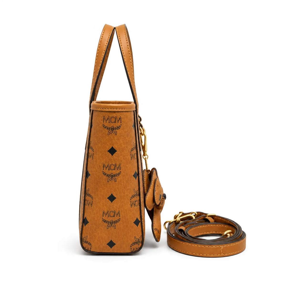 MCM Toni Visetos Mini Shopper Bag | Cognac Monogram Leather Crossbody Tote — Dry Cognac