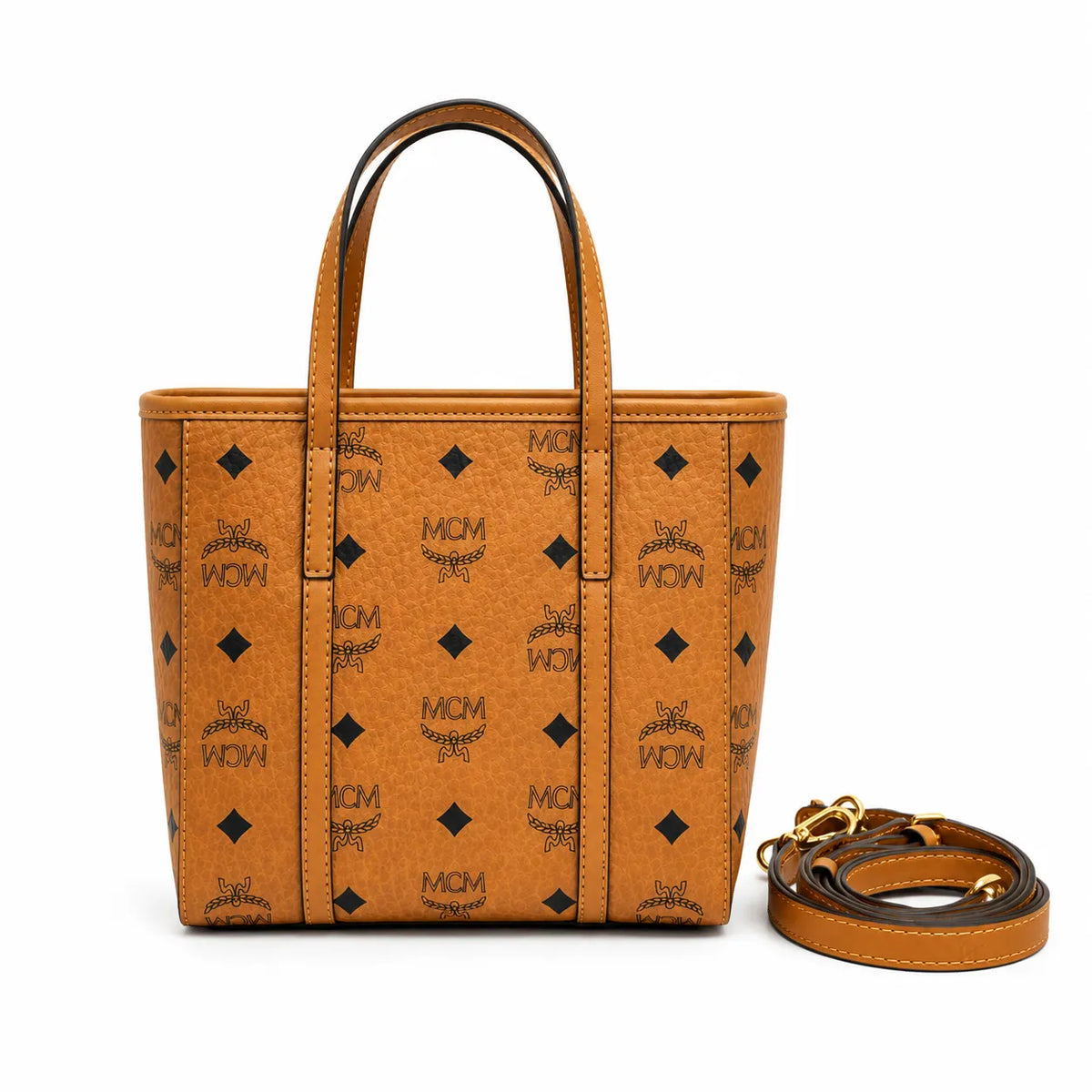MCM Toni Visetos Mini Shopper Bag | Cognac Monogram Leather Crossbody Tote — Dry Cognac
