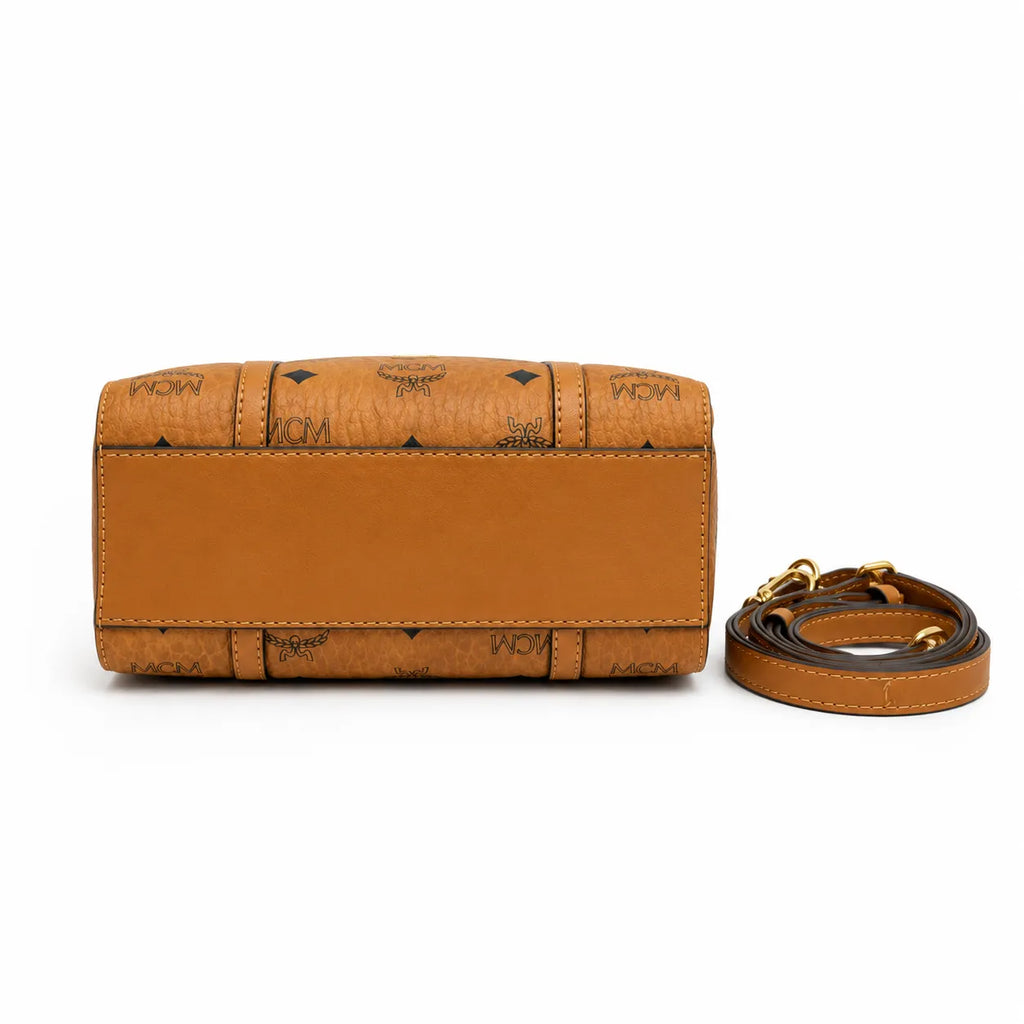 MCM Toni Visetos Mini Shopper Bag | Cognac Monogram Leather Crossbody Tote — Dry Cognac