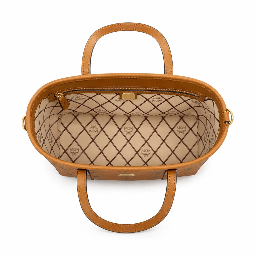 MCM Toni Visetos Mini Shopper Bag | Cognac Monogram Leather Crossbody Tote — Dry Cognac