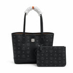 MCM Liz Visetos Shopper Tote Bag | New 2026 Reversible Monogram Tote with Pouch — Black