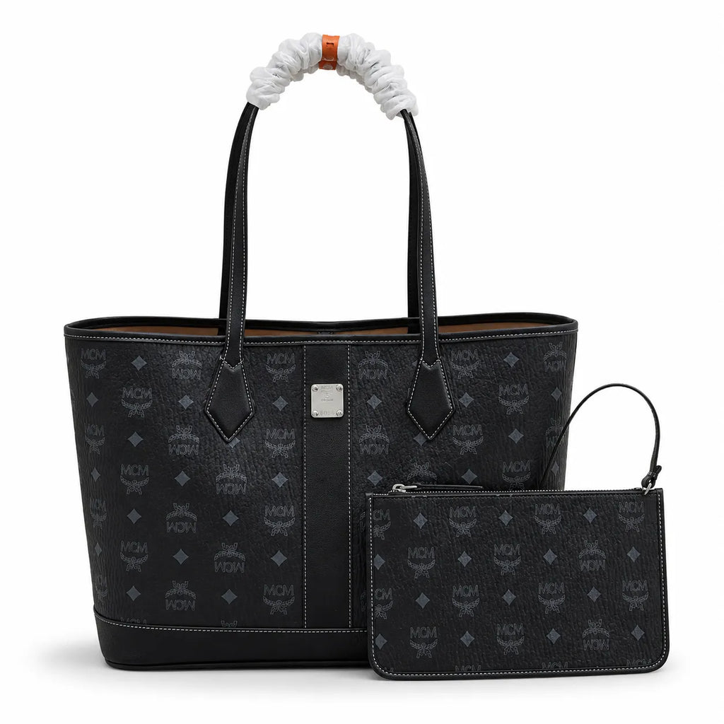 MCM Liz Visetos Shopper Tote Bag | New 2026 Reversible Monogram Tote with Pouch — Black