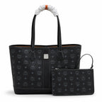 MCM Liz Visetos Shopper Tote Bag | New 2026 Reversible Monogram Tote with Pouch — Black