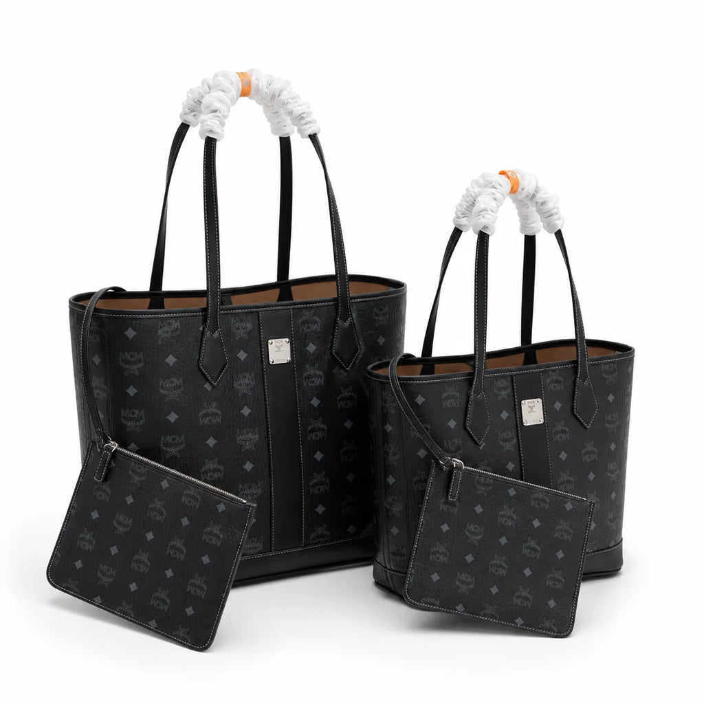MCM Liz Visetos Shopper Tote Bag | New 2026 Reversible Monogram Tote with Pouch — Black