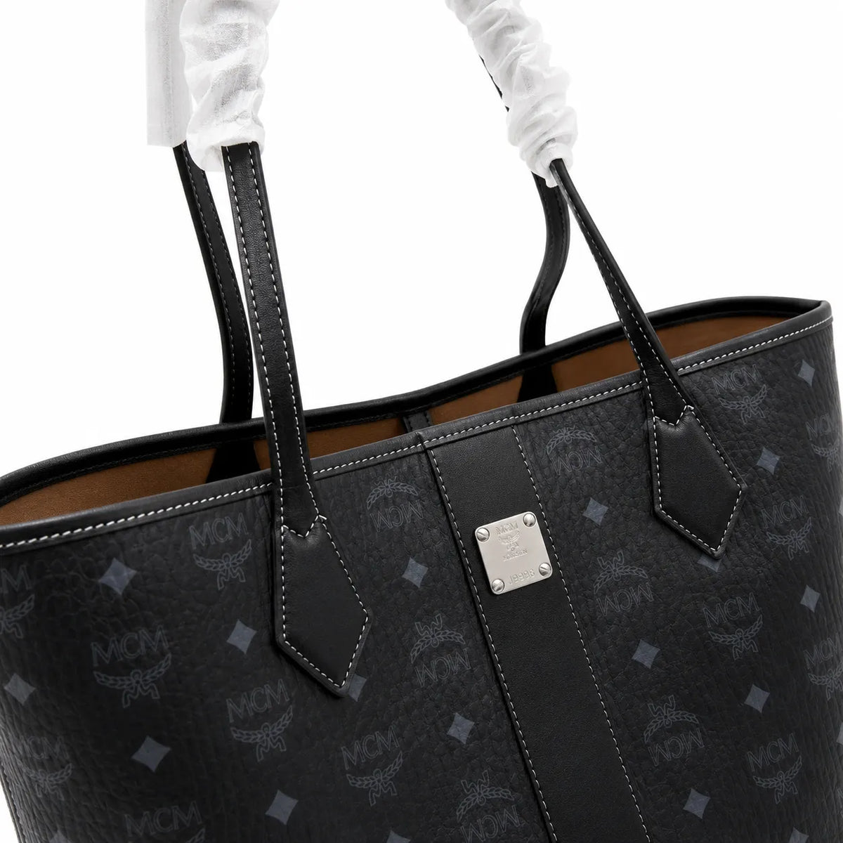 MCM Liz Visetos Shopper Tote Bag | New 2026 Reversible Monogram Tote with Pouch — Black