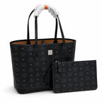 MCM Liz Visetos Shopper Tote Bag | New 2026 Reversible Monogram Tote with Pouch — Black