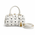 MCM Boston Bag Mini Visetos | White Monogram Leather Barrel Satchel with Padlock — Stark White
