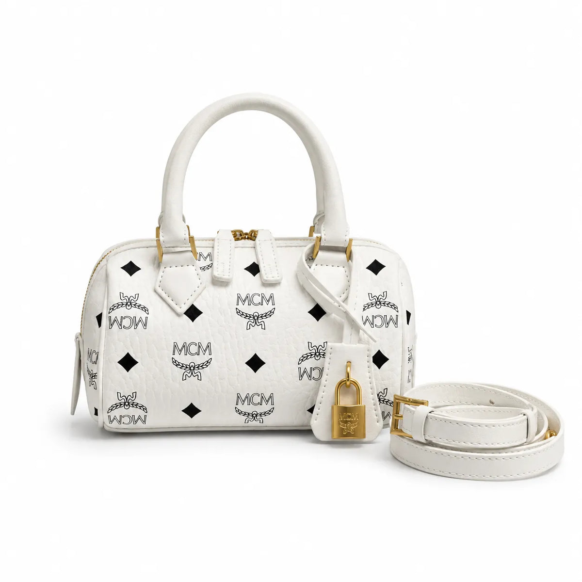 MCM Boston Bag Mini Visetos | White Monogram Leather Barrel Satchel with Padlock — Stark White