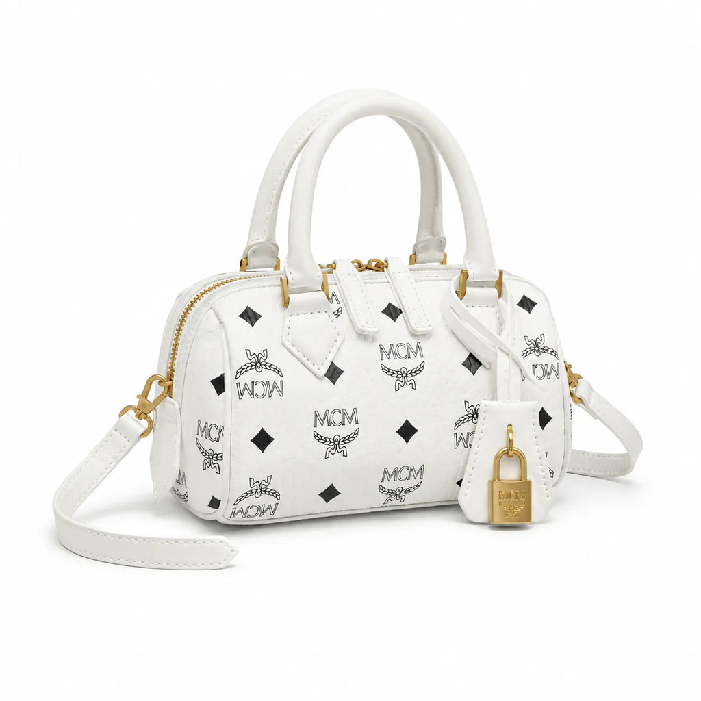 MCM Boston Bag Mini Visetos | White Monogram Leather Barrel Satchel with Padlock — Stark White