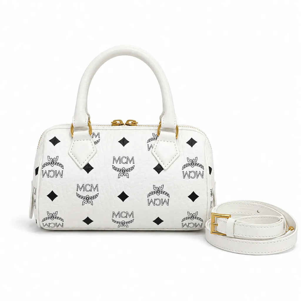 MCM Boston Bag Mini Visetos | White Monogram Leather Barrel Satchel with Padlock — Stark White