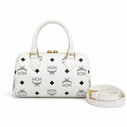 MCM Boston Bag Mini Visetos | White Monogram Leather Barrel Satchel with Padlock — Stark White