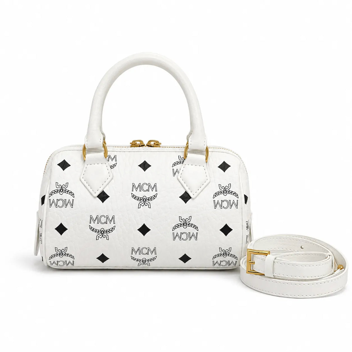 MCM Boston Bag Mini Visetos | White Monogram Leather Barrel Satchel with Padlock — Stark White