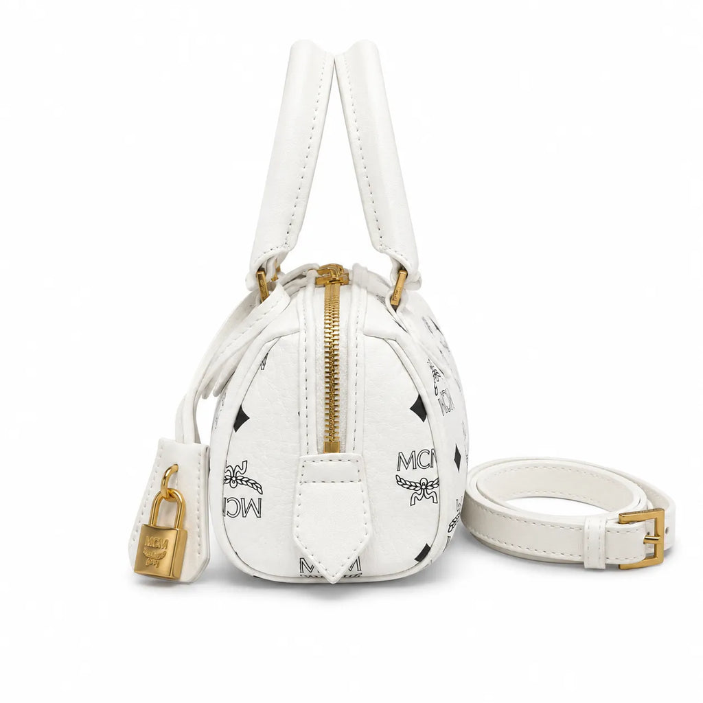 MCM Boston Bag Mini Visetos | White Monogram Leather Barrel Satchel with Padlock — Stark White