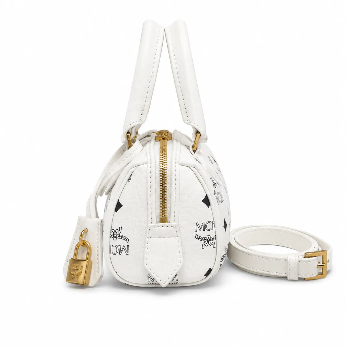 MCM Boston Bag Mini Visetos | White Monogram Leather Barrel Satchel with Padlock — Stark White