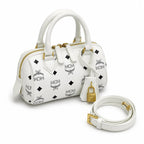 MCM Boston Bag Mini Visetos | White Monogram Leather Barrel Satchel with Padlock — Stark White
