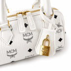 MCM Boston Bag Mini Visetos | White Monogram Leather Barrel Satchel with Padlock — Stark White