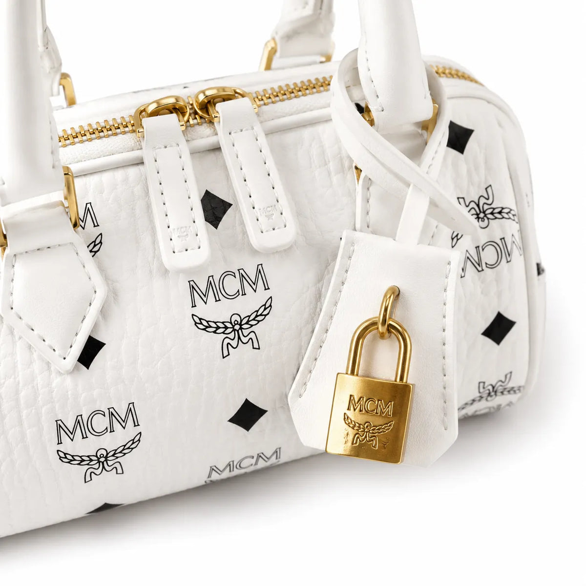 MCM Boston Bag Mini Visetos | White Monogram Leather Barrel Satchel with Padlock — Stark White