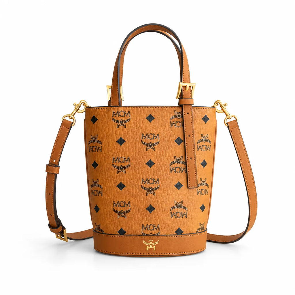 MCM Aren Visetos Mini Bucket Bag | Cognac Monogram Leather Tote — Dry Cognac