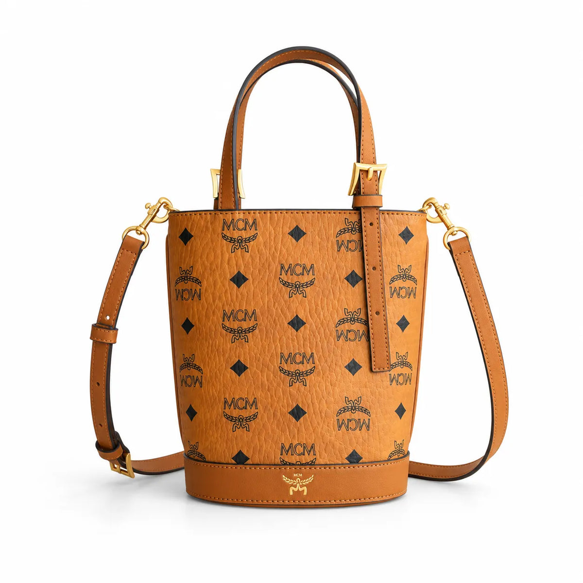 MCM Aren Visetos Mini Bucket Bag | Cognac Monogram Leather Tote — Dry Cognac