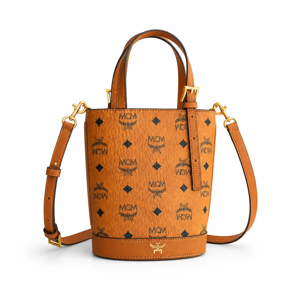 MCM Aren Visetos Mini Bucket Bag | Cognac Monogram Leather Tote — Dry Cognac