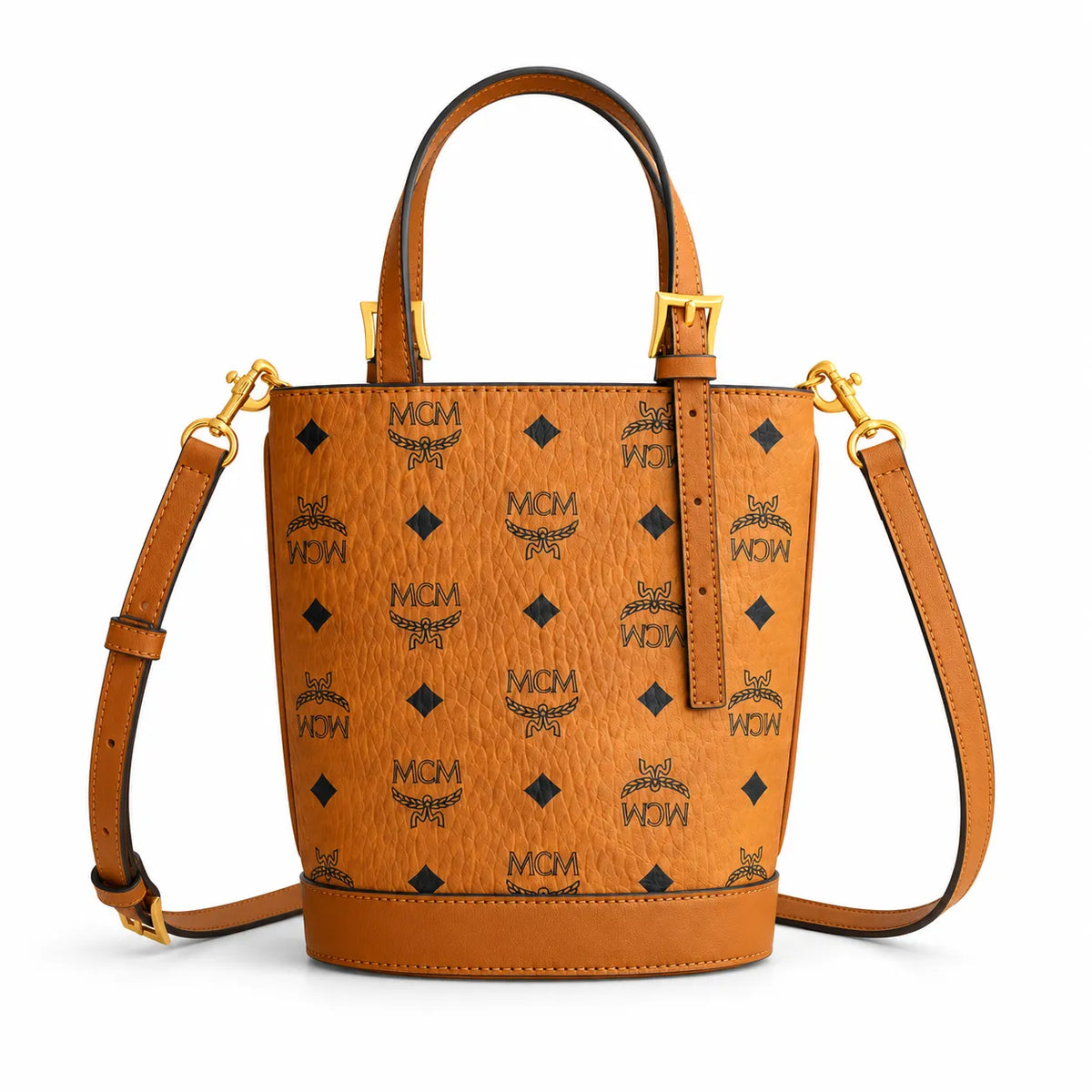 MCM Aren Visetos Mini Bucket Bag | Cognac Monogram Leather Tote — Dry Cognac