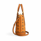 MCM Aren Visetos Mini Bucket Bag | Cognac Monogram Leather Tote — Dry Cognac