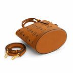 MCM Aren Visetos Mini Bucket Bag | Cognac Monogram Leather Tote — Dry Cognac
