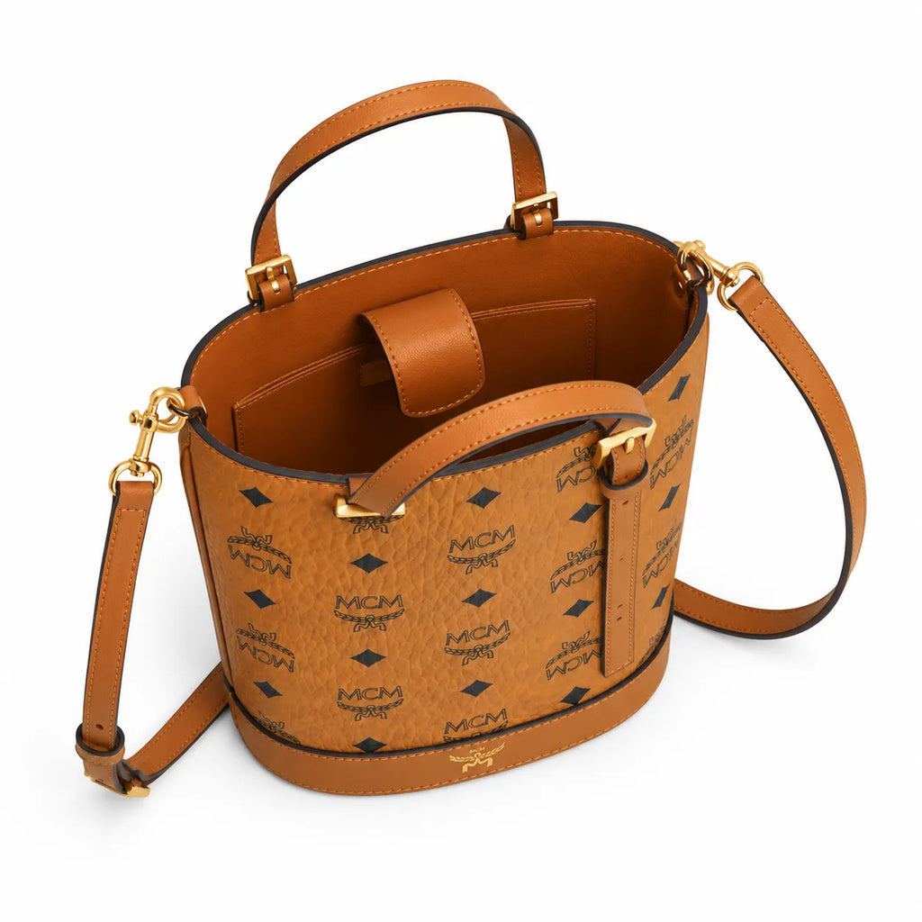 MCM Aren Visetos Mini Bucket Bag | Cognac Monogram Leather Tote — Dry Cognac