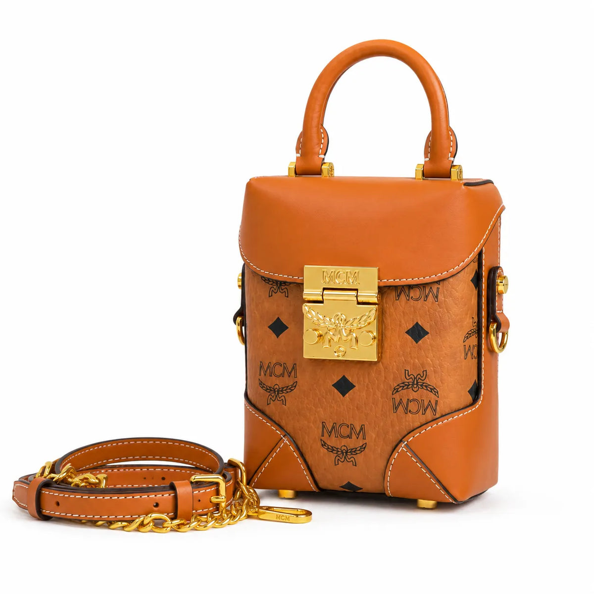 MCM Patricia Visetos Mini Backpack | Cognac Monogram Chain Shoulder Bag — Dry Cognac