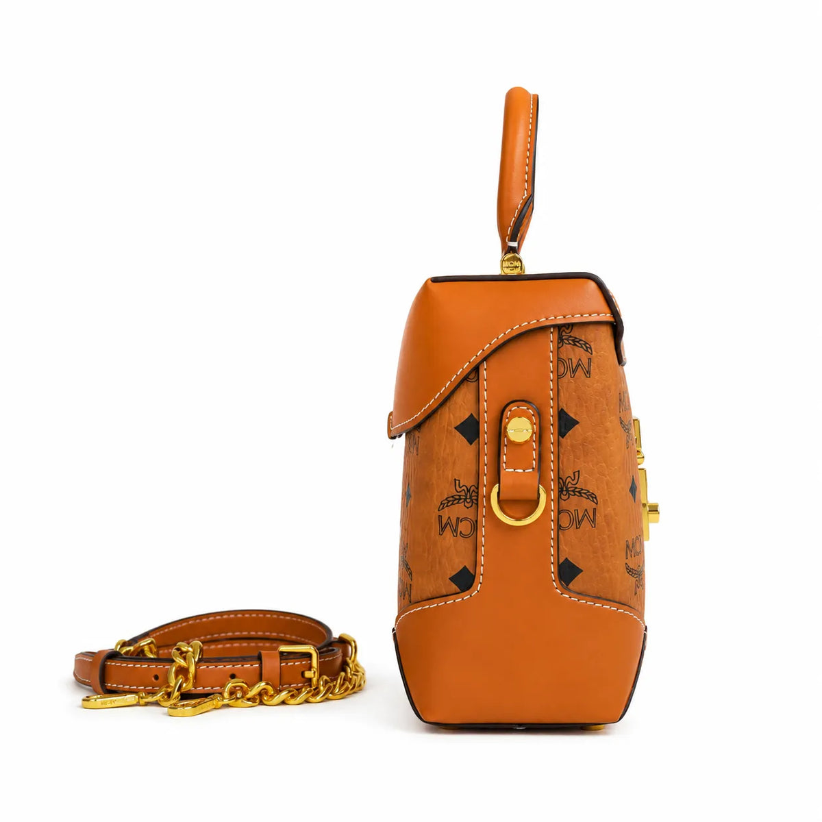 MCM Patricia Visetos Mini Backpack | Cognac Monogram Chain Shoulder Bag — Dry Cognac