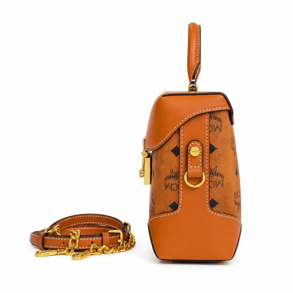 MCM Patricia Visetos Mini Backpack | Cognac Monogram Chain Shoulder Bag — Dry Cognac