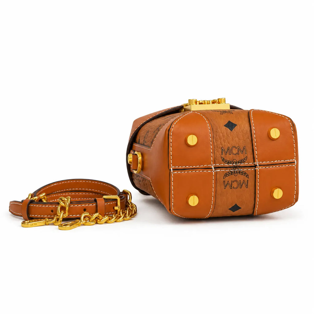 MCM Patricia Visetos Mini Backpack | Cognac Monogram Chain Shoulder Bag — Dry Cognac