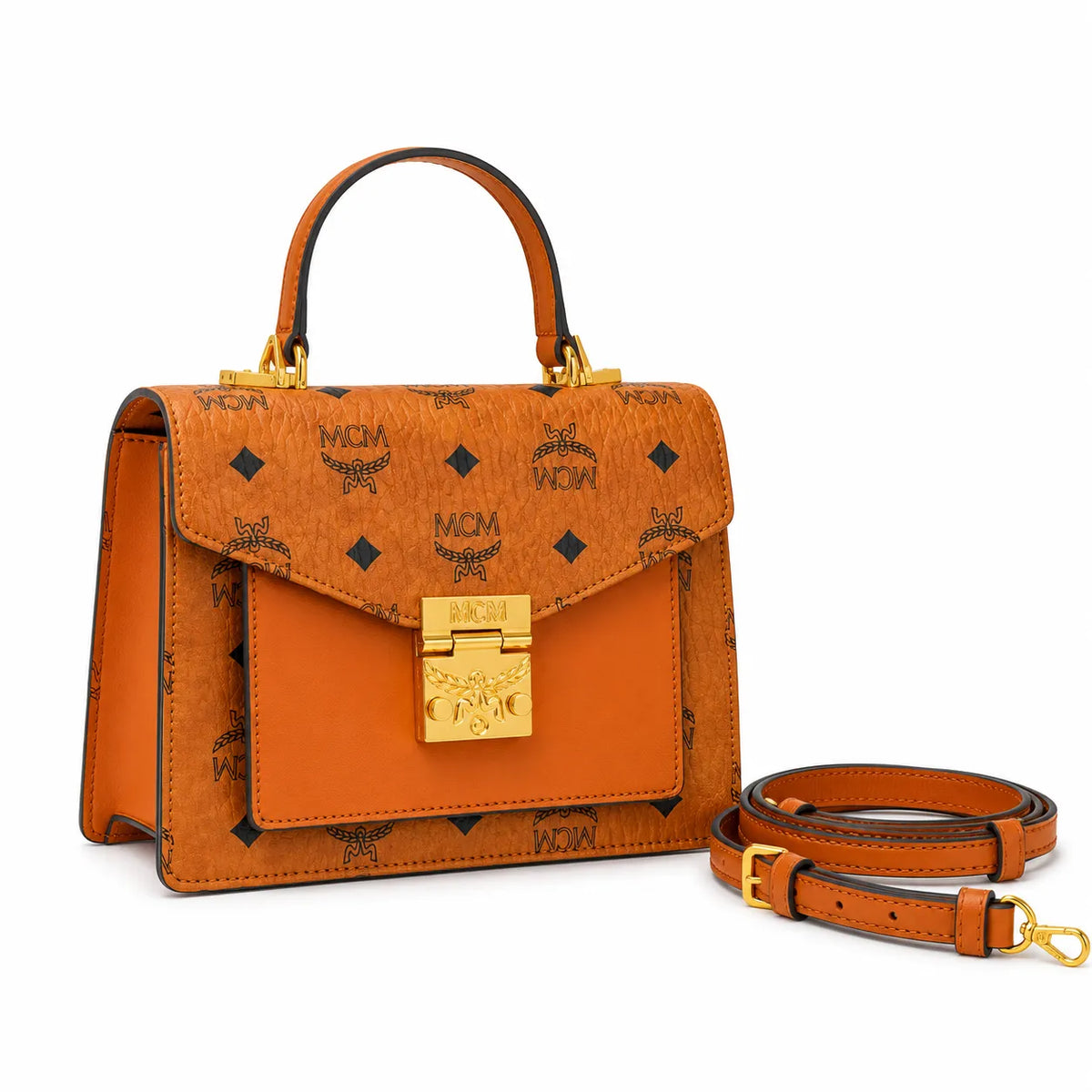 MCM Patricia Visetos Flap Bag | Cognac Monogram Leather Messenger Satchel — Dry Cognac