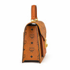 MCM Patricia Visetos Flap Bag | Cognac Monogram Leather Messenger Satchel — Dry Cognac