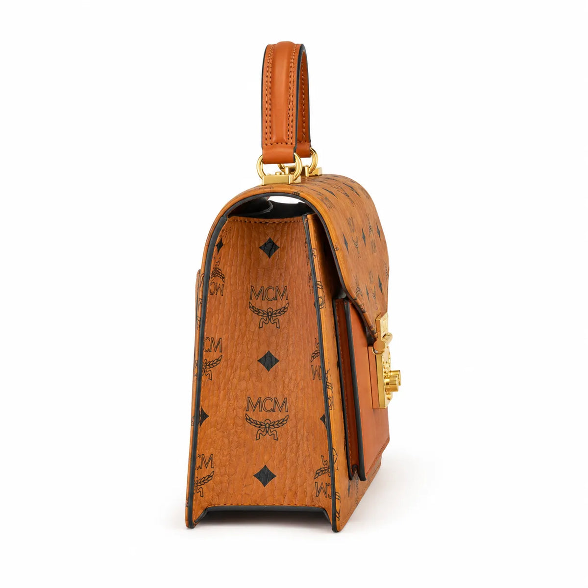MCM Patricia Visetos Flap Bag | Cognac Monogram Leather Messenger Satchel — Dry Cognac