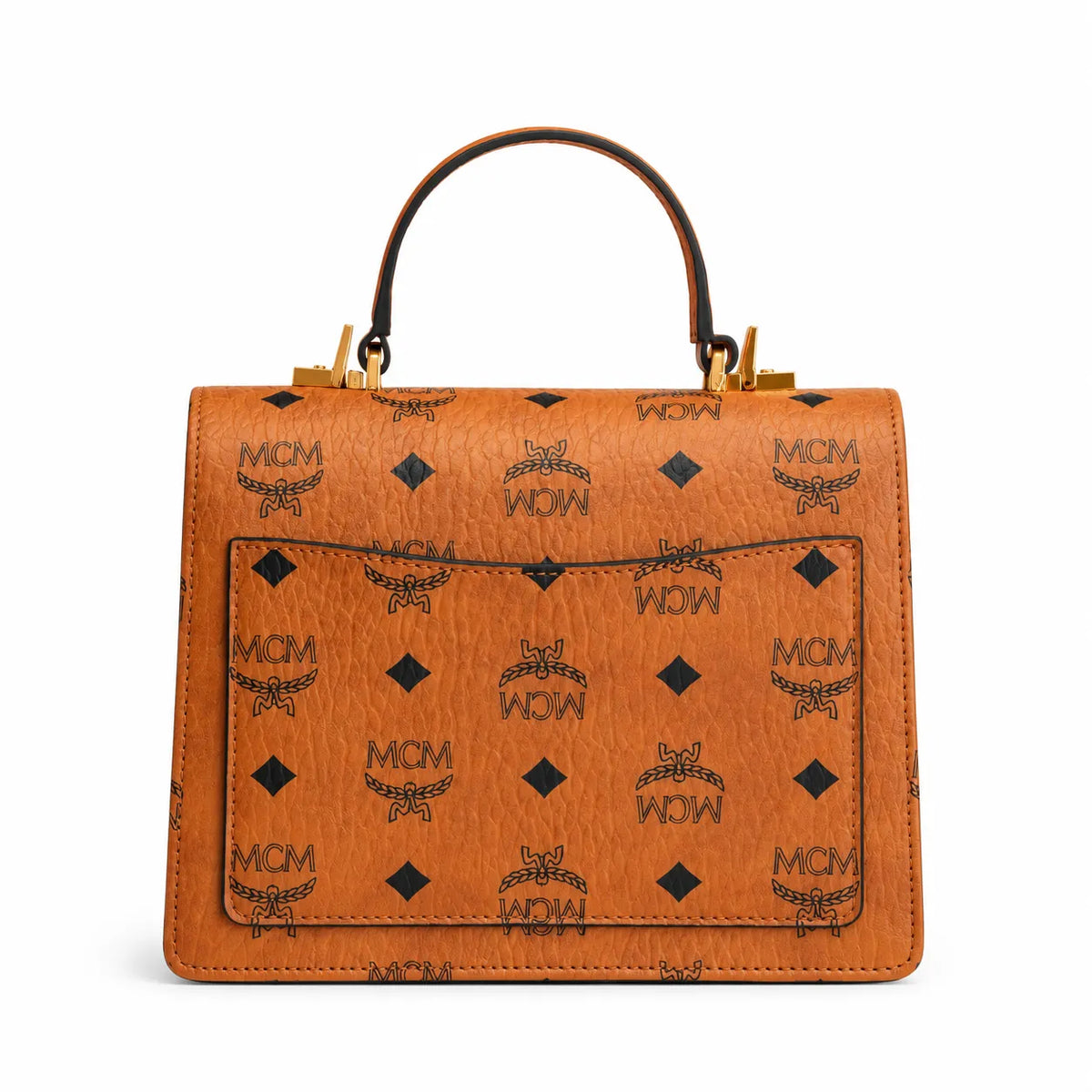 MCM Patricia Visetos Flap Bag | Cognac Monogram Leather Messenger Satchel — Dry Cognac