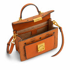 MCM Patricia Visetos Flap Bag | Cognac Monogram Leather Messenger Satchel — Dry Cognac