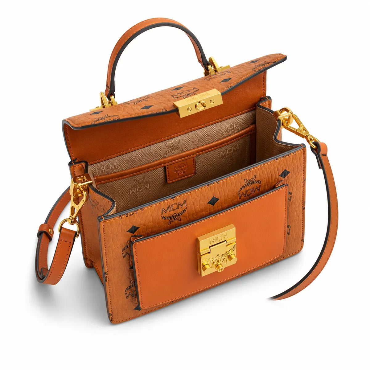MCM Patricia Visetos Flap Bag | Cognac Monogram Leather Messenger Satchel — Dry Cognac