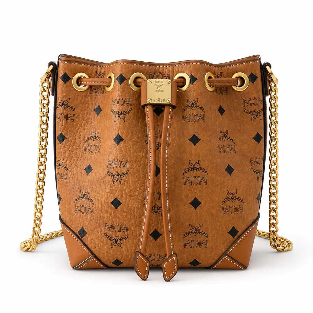 MCM Soft Berlin Visetos Mini Bucket Bag Cognac | Gold Chain Shoulder Bag for Women — Designer Coated Canvas Drawstring Crossbody