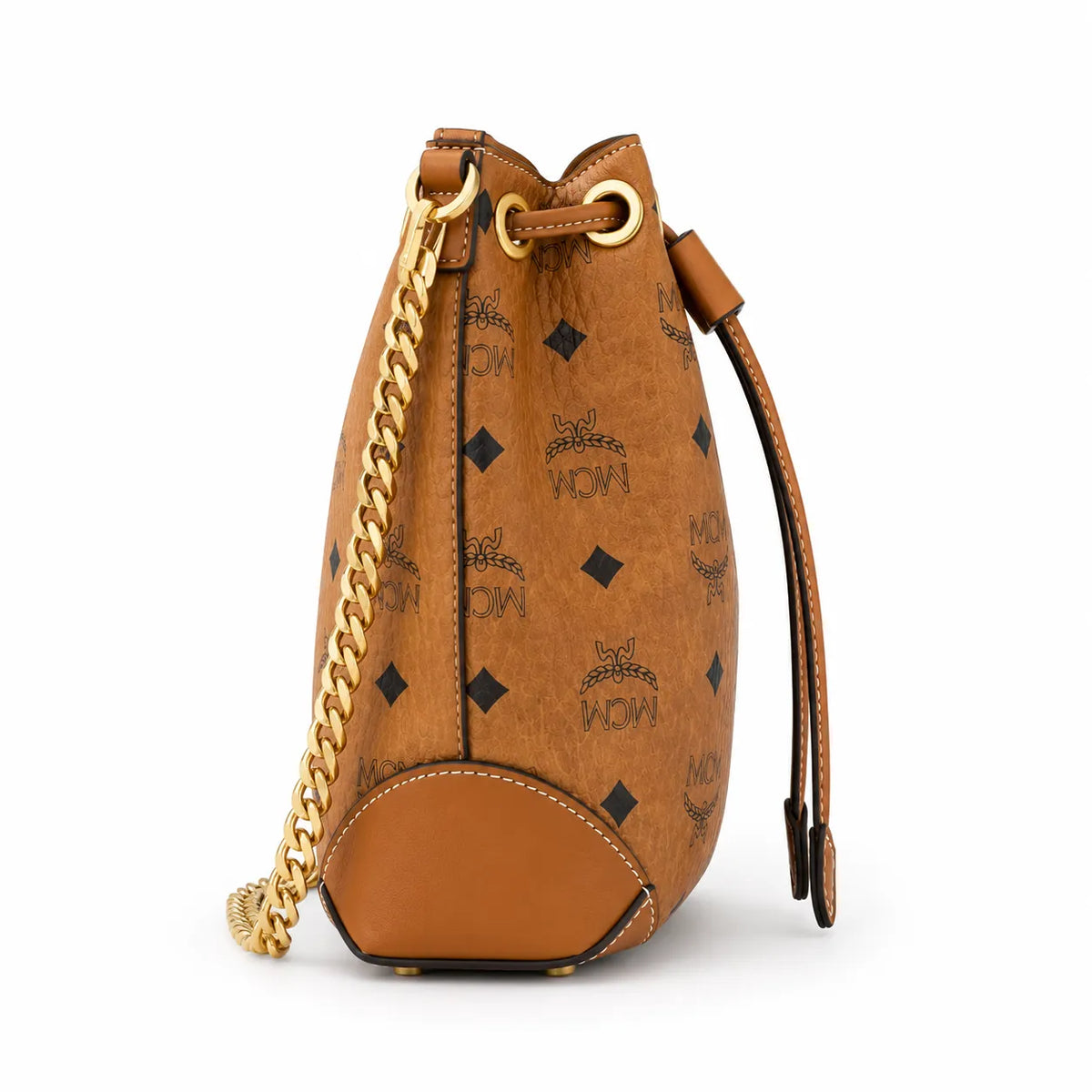 MCM Soft Berlin Visetos Mini Bucket Bag Cognac | Gold Chain Shoulder Bag for Women — Designer Coated Canvas Drawstring Crossbody