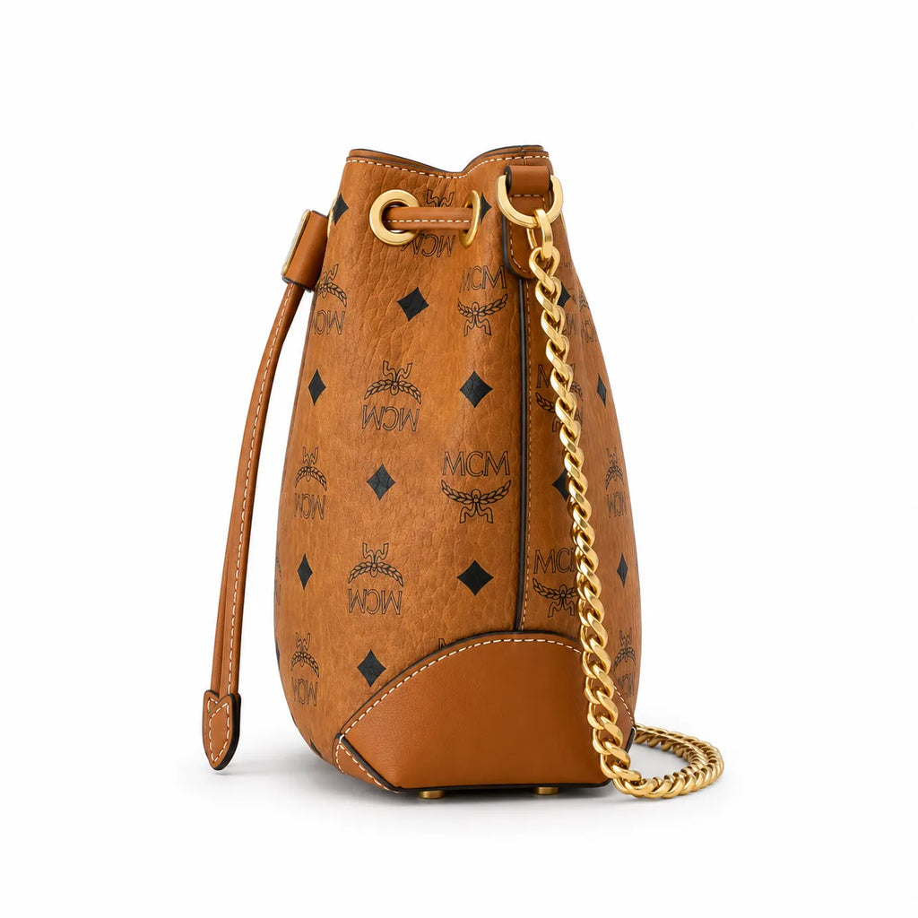 MCM Soft Berlin Visetos Mini Bucket Bag Cognac | Gold Chain Shoulder Bag for Women — Designer Coated Canvas Drawstring Crossbody