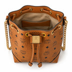 MCM Soft Berlin Visetos Mini Bucket Bag Cognac | Gold Chain Shoulder Bag for Women — Designer Coated Canvas Drawstring Crossbody