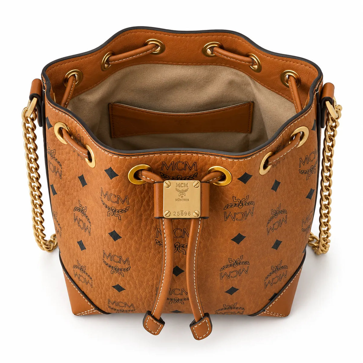 MCM Soft Berlin Visetos Mini Bucket Bag Cognac | Gold Chain Shoulder Bag for Women — Designer Coated Canvas Drawstring Crossbody