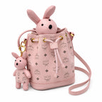 MCM Visetos Rabbit Mini Bucket Bag Pink | Drawstring Crossbody Shoulder Bag with Detachable 3D Bunny Charm — Cute Luxury Designer Handbag