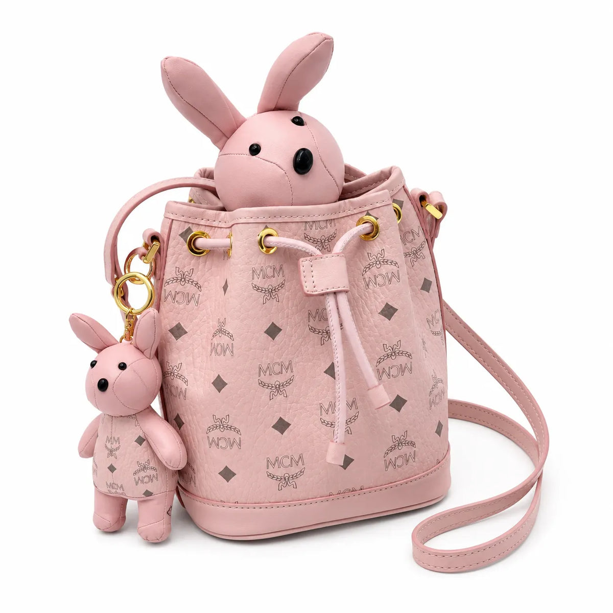 MCM Visetos Rabbit Mini Bucket Bag Pink | Drawstring Crossbody Shoulder Bag with Detachable 3D Bunny Charm — Cute Luxury Designer Handbag