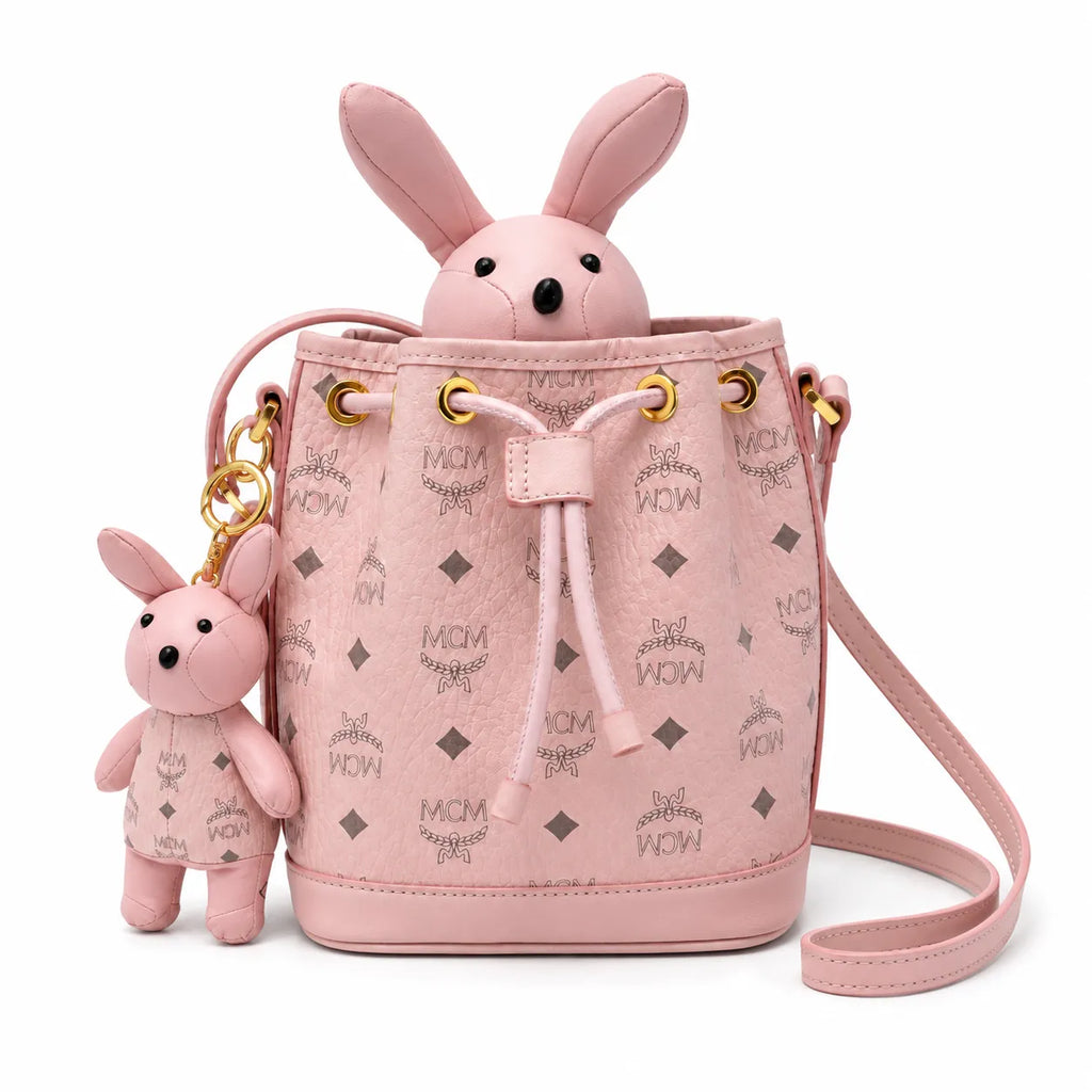 MCM Visetos Rabbit Mini Bucket Bag Pink | Drawstring Crossbody Shoulder Bag with Detachable 3D Bunny Charm — Cute Luxury Designer Handbag