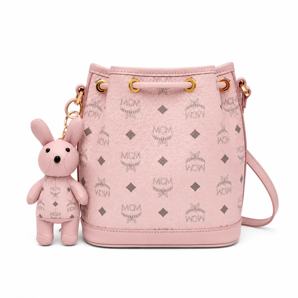 MCM Visetos Rabbit Mini Bucket Bag Pink | Drawstring Crossbody Shoulder Bag with Detachable 3D Bunny Charm — Cute Luxury Designer Handbag