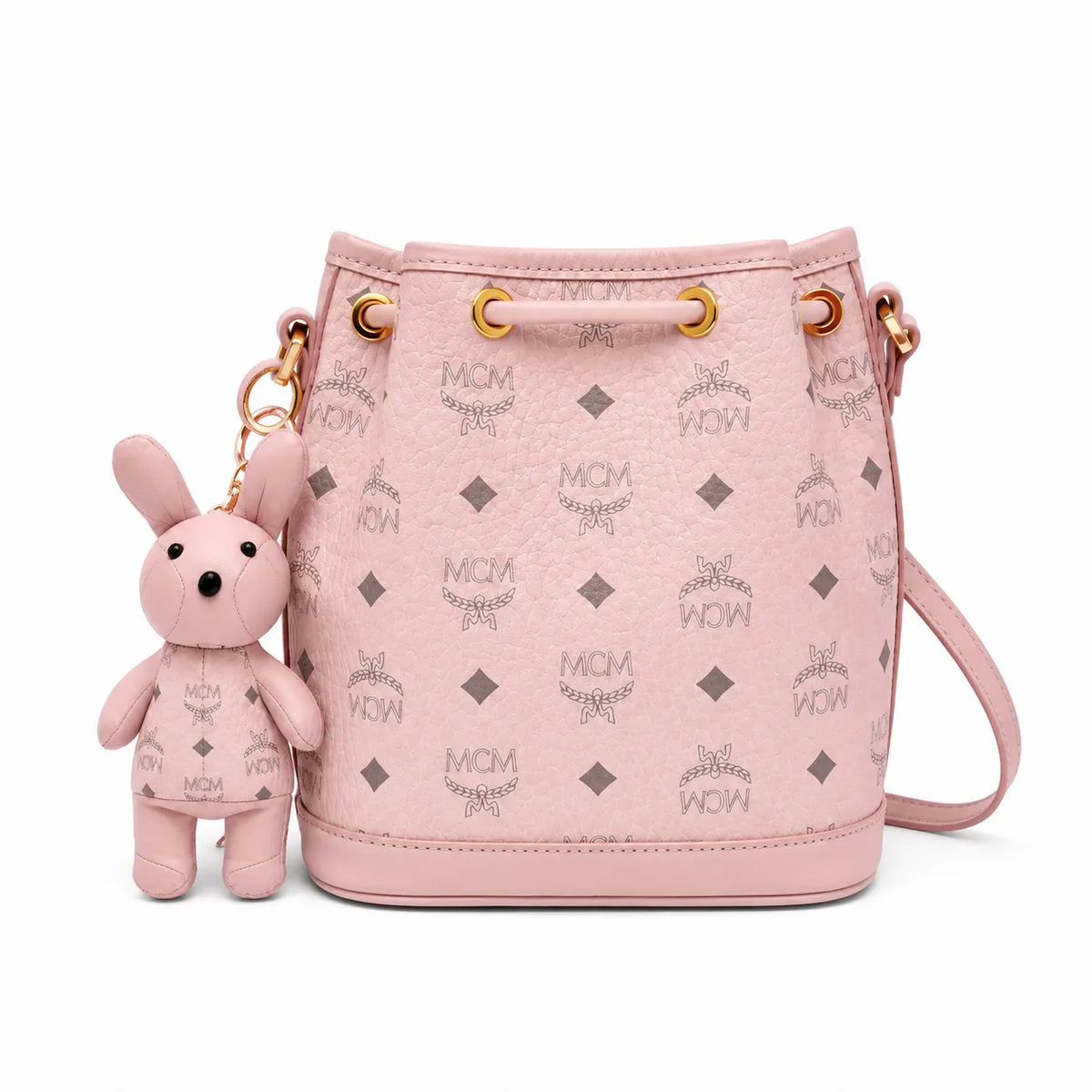 MCM Visetos Rabbit Mini Bucket Bag Pink | Drawstring Crossbody Shoulder Bag with Detachable 3D Bunny Charm — Cute Luxury Designer Handbag