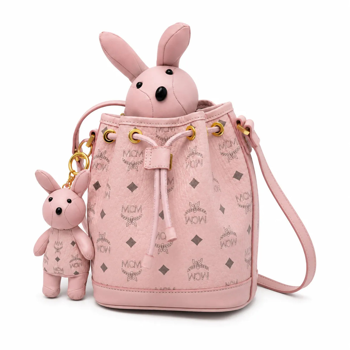 MCM Visetos Rabbit Mini Bucket Bag Pink | Drawstring Crossbody Shoulder Bag with Detachable 3D Bunny Charm — Cute Luxury Designer Handbag
