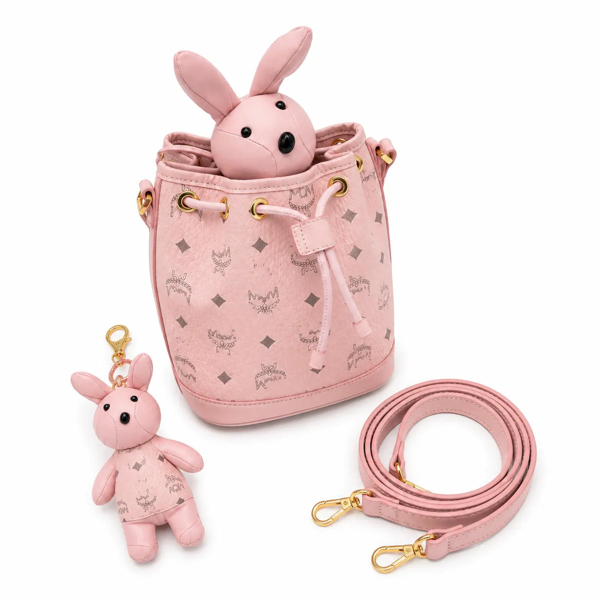 MCM Visetos Rabbit Mini Bucket Bag Pink | Drawstring Crossbody Shoulder Bag with Detachable 3D Bunny Charm — Cute Luxury Designer Handbag